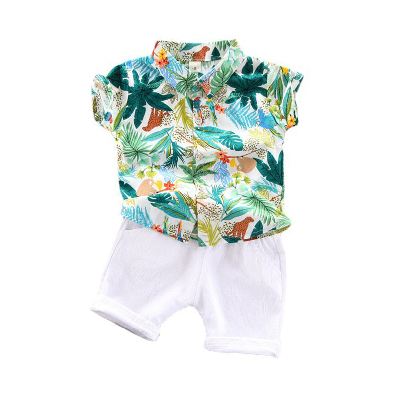2 Pieces Set Baby Kid Boys Tropical Shirts And Solid Color Shorts Wholesale 22062277