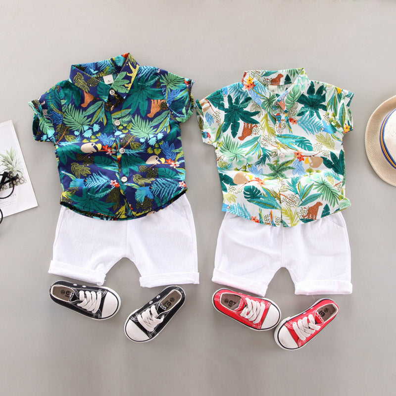 2 Pieces Set Baby Kid Boys Tropical Shirts And Solid Color Shorts Wholesale 22062277