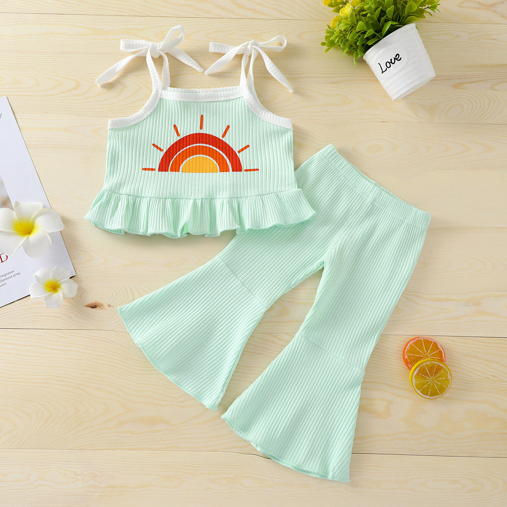 2 Pieces Set Baby Kid Girls Rainbow Muslin&Ribbed Print Tank Tops And Solid Color Pants Wholesale 22062291