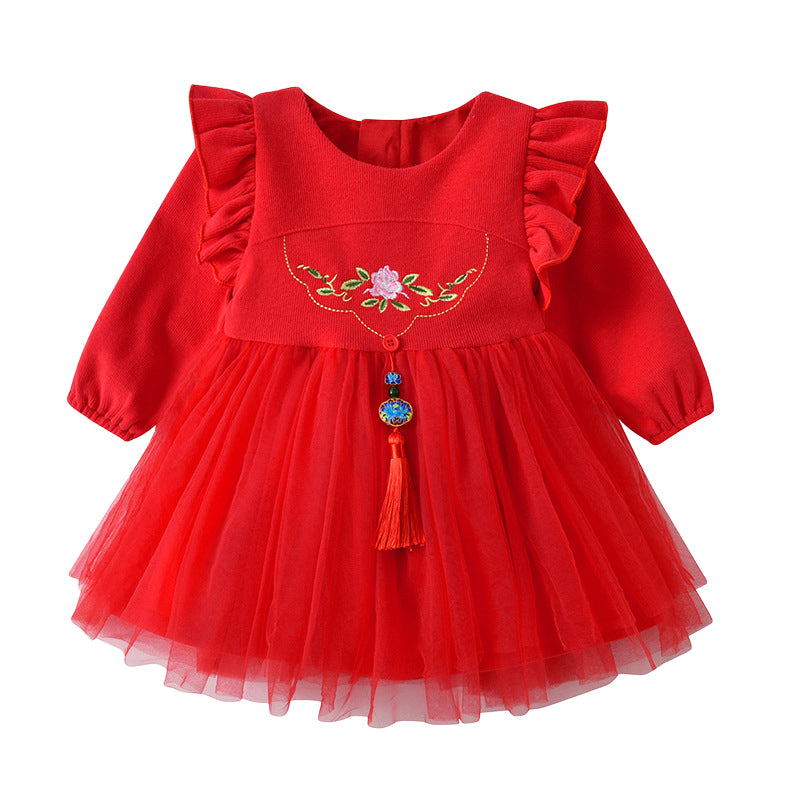 Baby Girls Solid Color Flower Embroidered Dresses Wholesale 220630160
