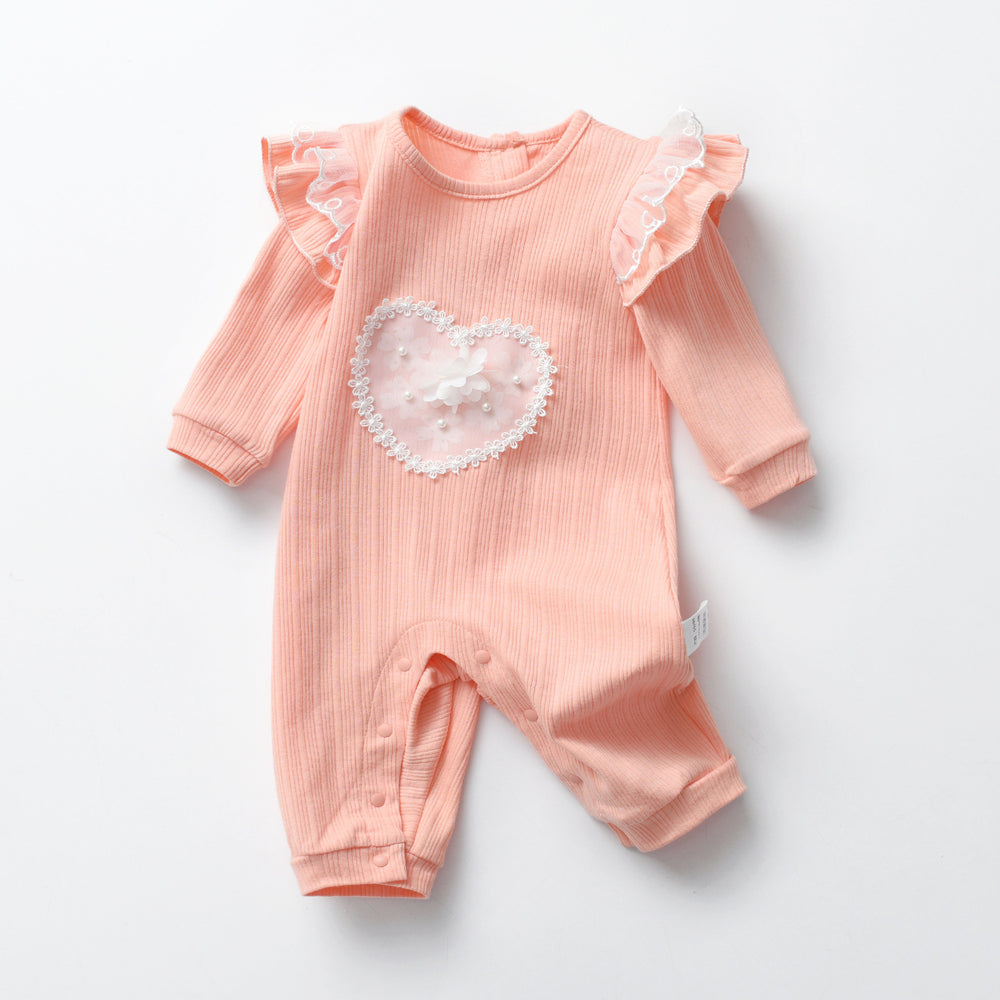 Baby Girls Solid Color Love heart Lace Valentine's Day Jumpsuits Wholesale 220630206