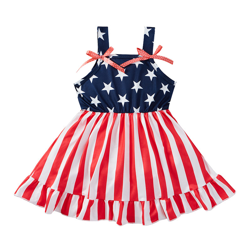 Baby Kid Girls Striped Star Bow Print Independence Day Dresses Wholesale 220630484