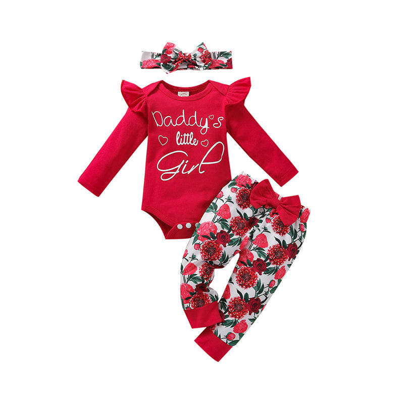3 Pieces Set Baby Girls Letters Print Rompers Flower Pants And Bow Headwear Wholesale 220630485