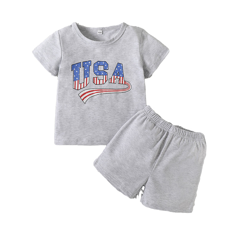 2 Pieces Set Baby Kid Boys Independence Day Striped Letters T-Shirts And Solid Color Shorts Wholesale 220630497