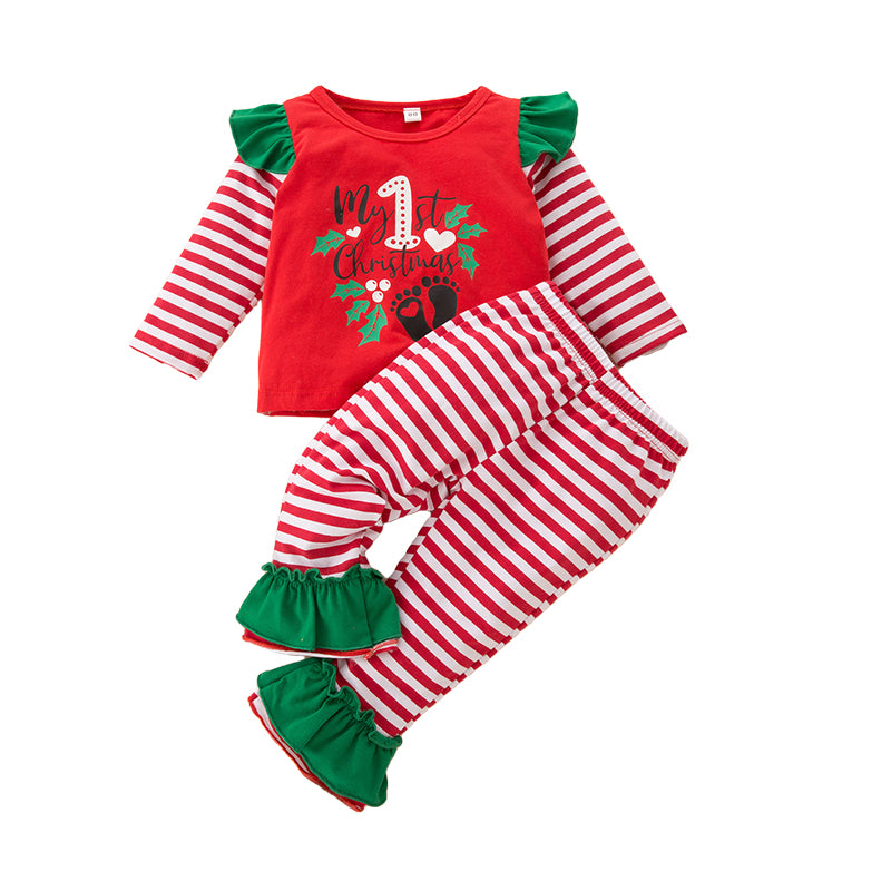 2 Pieces Set Baby Girls Christmas Striped Letters Love heart Print Tops And Pants Wholesale 220630654