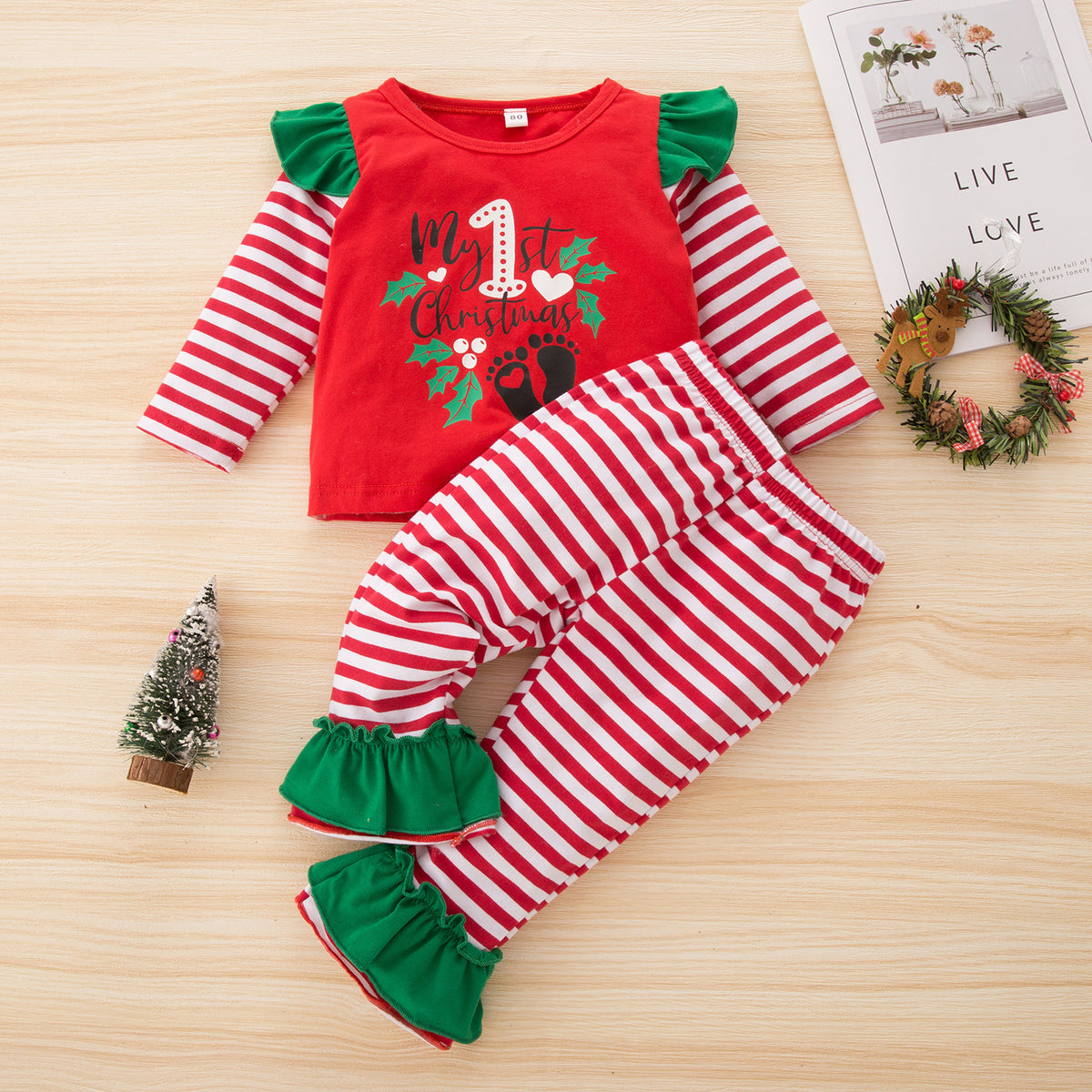 2 Pieces Set Baby Girls Christmas Striped Letters Love heart Print Tops And Pants Wholesale 220630654