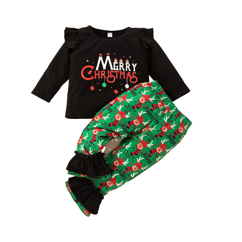 2 Pieces Set Baby Girls Christmas Letters Print Tops And Cartoon Print Pants Wholesale 220630691