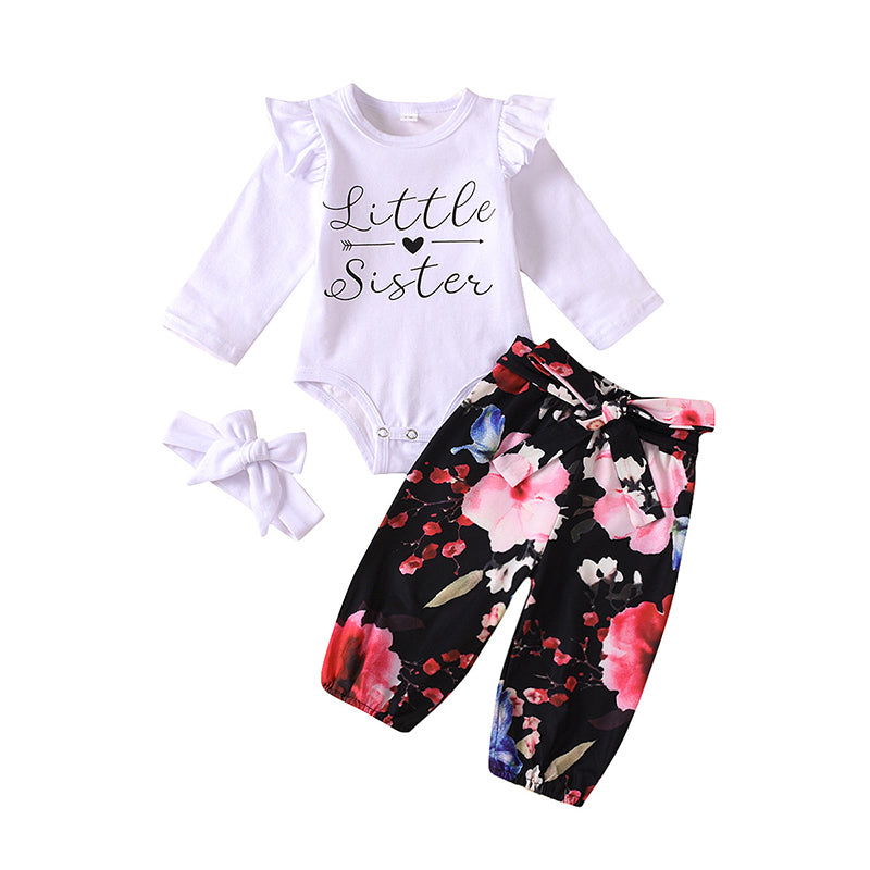 3 Pieces Set Baby Girls Letters Print Rompers And Flower Pants And Solid Color Bow Headwear Wholesale 220630703