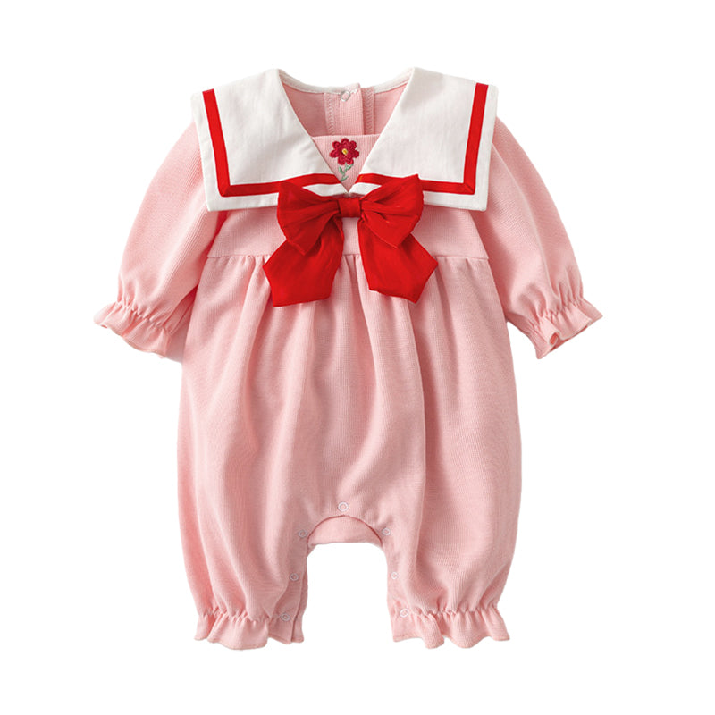 Baby Girls Color-blocking Flower Bow Embroidered Jumpsuits Wholesale 220701210