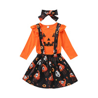 Load image into Gallery viewer, 3 Pieces Set Baby Kid Girls Halloween Cartoon Print Tops Dresses And Bow Headwear Wholesale 220705128
