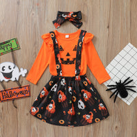 Load image into Gallery viewer, 3 Pieces Set Baby Kid Girls Halloween Cartoon Print Tops Dresses And Bow Headwear Wholesale 220705128

