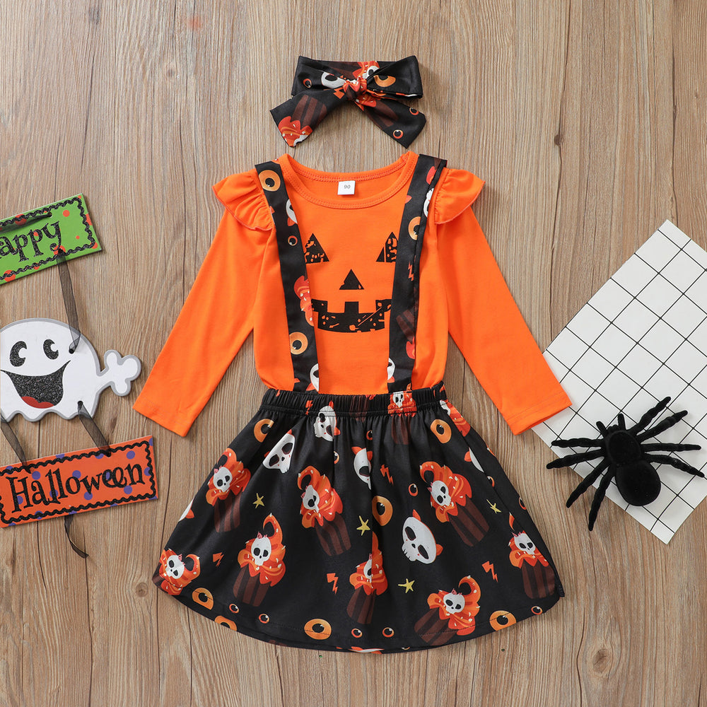 3 Pieces Set Baby Kid Girls Halloween Cartoon Print Tops Dresses And Bow Headwear Wholesale 220705128