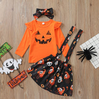 Load image into Gallery viewer, 3 Pieces Set Baby Kid Girls Halloween Cartoon Print Tops Dresses And Bow Headwear Wholesale 220705128
