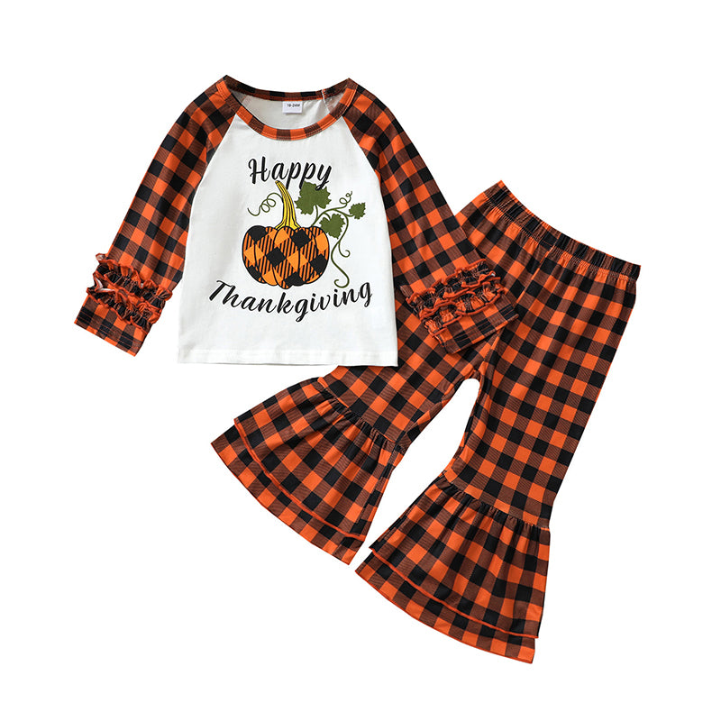 2 Pieces Set Baby Kid Girls Halloween Letters Color-blocking Checked Print Tops And Pants Wholesale 220705135