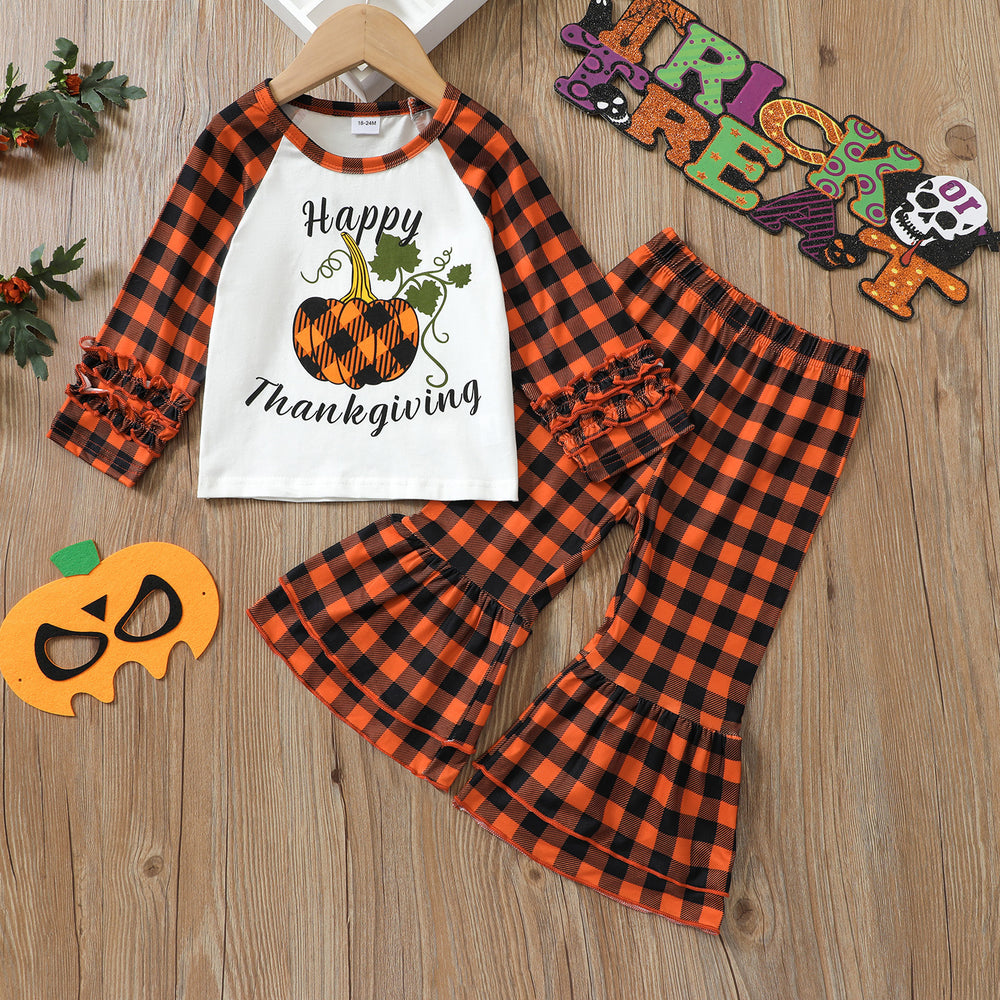 2 Pieces Set Baby Kid Girls Halloween Letters Color-blocking Checked Print Tops And Pants Wholesale 220705135