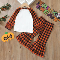 Load image into Gallery viewer, 2 Pieces Set Baby Kid Girls Halloween Letters Color-blocking Checked Print Tops And Pants Wholesale 220705135
