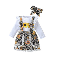 Load image into Gallery viewer, 3 Pieces Set Baby Girls Letters Flower Print Rompers Leopard Shorts And Bow Headwear Wholesale 220705140
