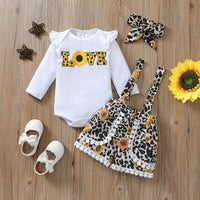 Load image into Gallery viewer, 3 Pieces Set Baby Girls Letters Flower Print Rompers Leopard Shorts And Bow Headwear Wholesale 220705140
