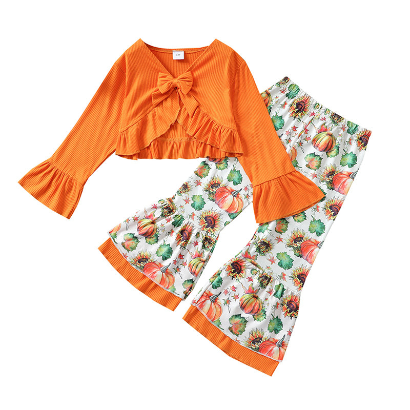 2 Pieces Set Baby Kid Girls Halloween Bow Muslin&Ribbed Print Tops And Pants Wholesale 220705151