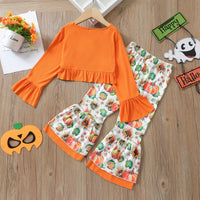 Load image into Gallery viewer, 2 Pieces Set Baby Kid Girls Halloween Bow Muslin&amp;Ribbed Print Tops And Pants Wholesale 220705151
