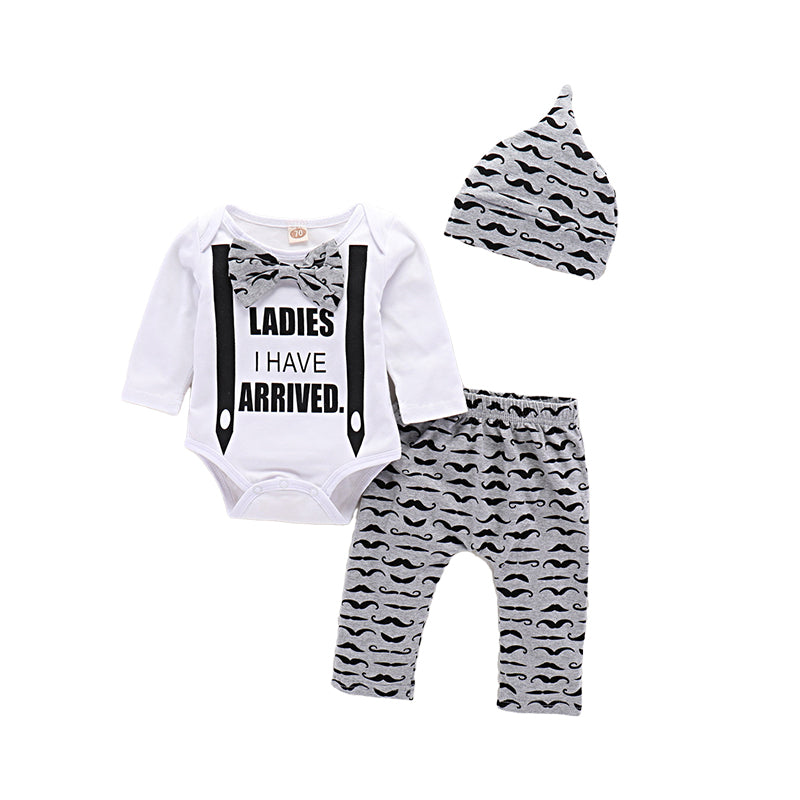 3 Pieces Set Baby Boys Letters Bow Print Rompers Graphic Pants And Hats Wholesale 220705196