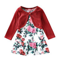 Load image into Gallery viewer, 2 Pieces Set Baby Kid Girls Flower Print Dresses Solid Color And Bow Jackets Outwears Wholesale 220705197

