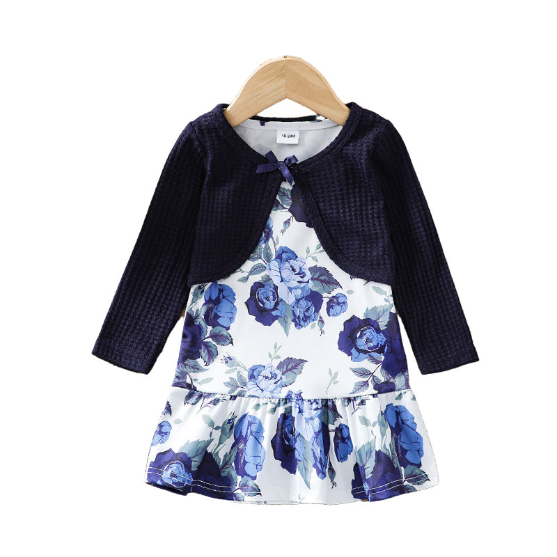 2 Pieces Set Baby Kid Girls Flower Print Dresses Solid Color And Bow Jackets Outwears Wholesale 220705197