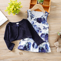 Load image into Gallery viewer, 2 Pieces Set Baby Kid Girls Flower Print Dresses Solid Color And Bow Jackets Outwears Wholesale 220705197
