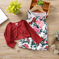 Load image into Gallery viewer, 2 Pieces Set Baby Kid Girls Flower Print Dresses Solid Color And Bow Jackets Outwears Wholesale 220705197
