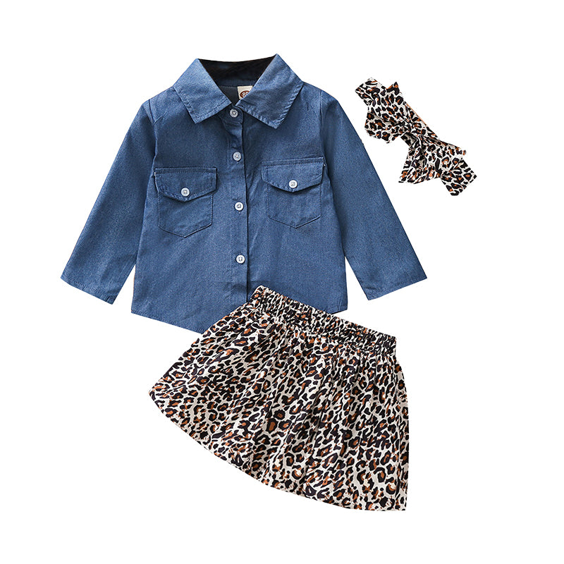 3 Pieces Set Baby Kid Girls Leopard Print Skirts Solid Color Tops And Bow Headwear Wholesale 220705214