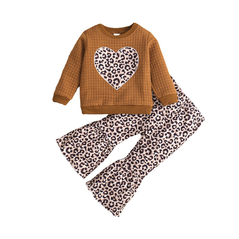 2 Pieces Set Baby Kid Girls Love heart Checked Tops And Leopard Pants Wholesale 220705229