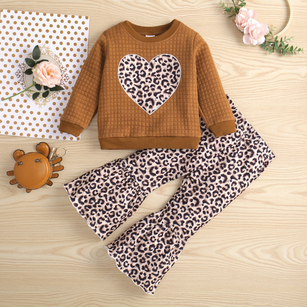 2 Pieces Set Baby Kid Girls Love heart Checked Tops And Leopard Pants Wholesale 220705229