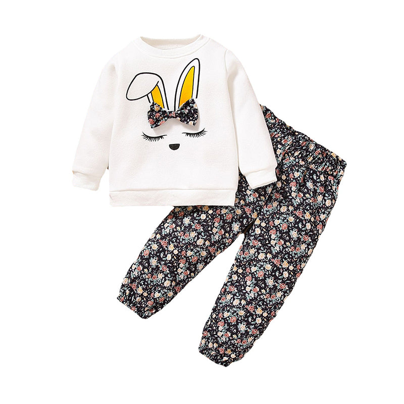 2 Pieces Set Baby Kid Girls Animals Cartoon Bow Print Hoodies Swearshirts And Flower Pants Wholesale 220705242