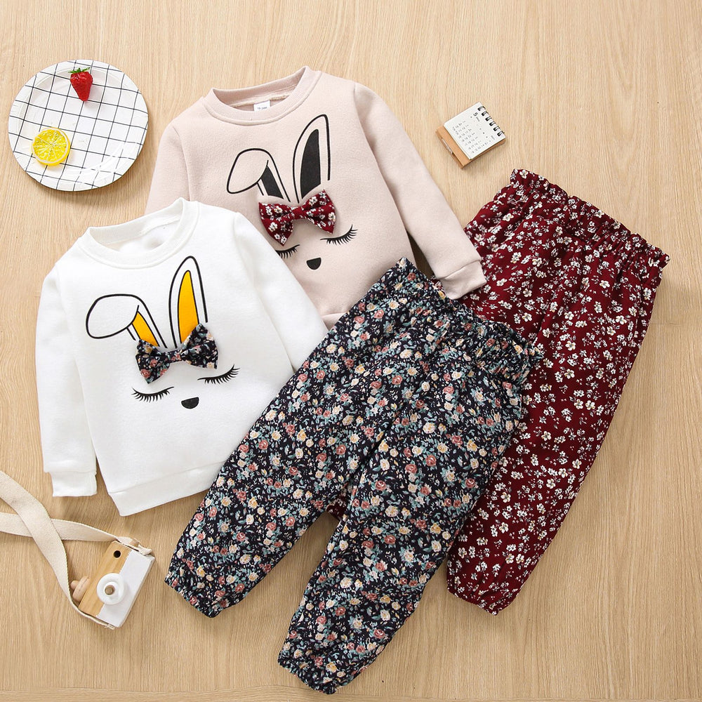 2 Pieces Set Baby Kid Girls Animals Cartoon Bow Print Hoodies Swearshirts And Flower Pants Wholesale 220705242