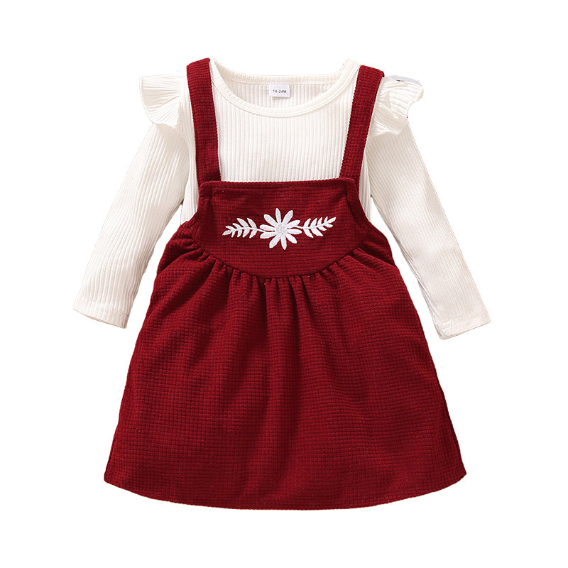 2 Pieces Set Baby Kid Girls Solid Color Muslin&Ribbed Tops Flower And Embroidered Dresses Wholesale 220705271