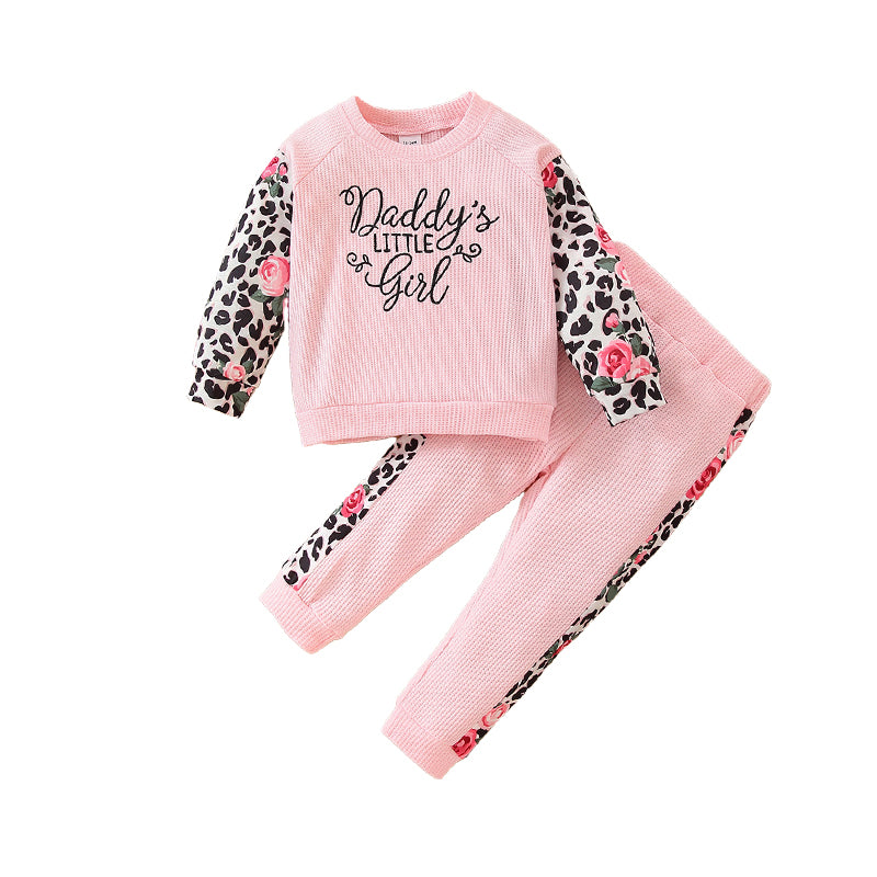 2 Pieces Set Baby Kid Girls Letters Color-blocking Hoodies Swearshirts And Leopard Pants Wholesale 220705275