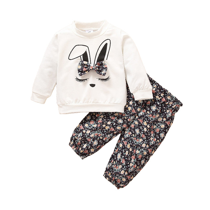 2 Pieces Set Baby Kid Girls Cartoon Bow Print Hoodies Swearshirts And Flower Pants Wholesale 220705415