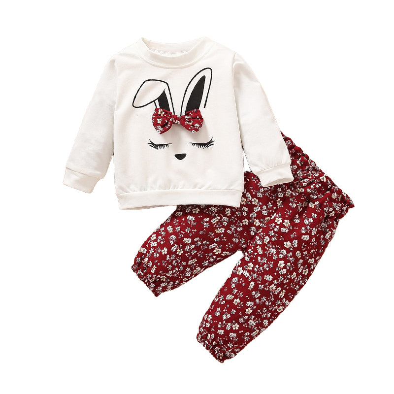2 Pieces Set Baby Kid Girls Cartoon Bow Print Hoodies Swearshirts And Flower Pants Wholesale 220705415