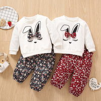 Load image into Gallery viewer, 2 Pieces Set Baby Kid Girls Cartoon Bow Print Hoodies Swearshirts And Flower Pants Wholesale 220705415
