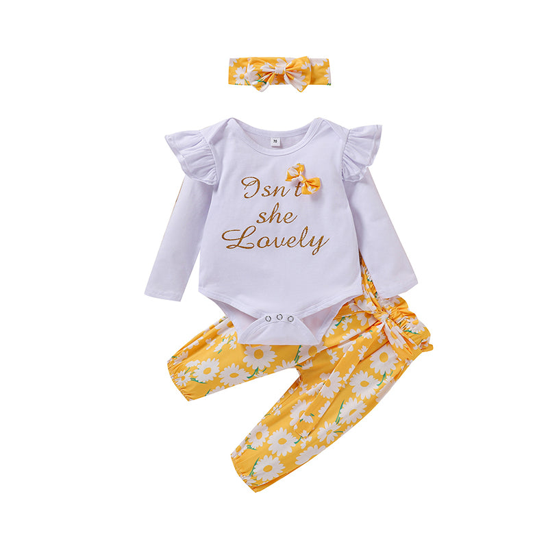 3 Pieces Set Baby Girls Letters Rompers Flower Shorts And Bow Headwear Wholesale 22070549