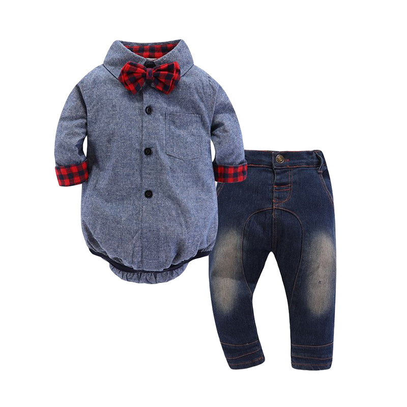 2 Pieces Set Baby Boys Checked Bow Rompers And Color-blocking Jeans Wholesale 220711111