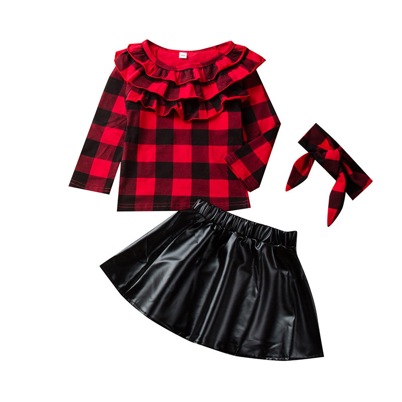 3 Pieces Set Baby Kid Girls Checked Tops And Solid Color Skirts And Bow Headwear Wholesale 220711143