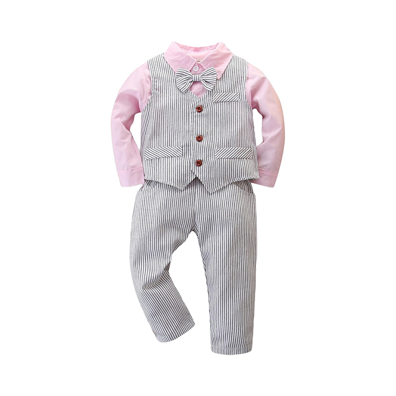 3 Pieces Set Baby Kid Boys Solid Color Bow Shirts And Striped Vests Waistcoats And Pants Wholesale 220711144