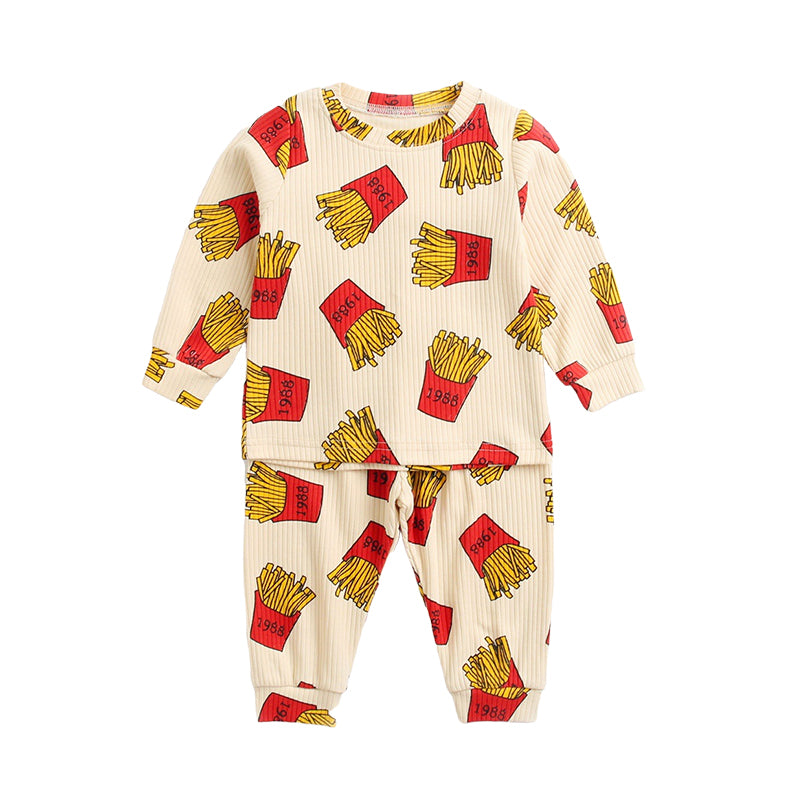 2 Pieces Set Baby Kid Unisex Cartoon Muslin&Ribbed Print Tops And Pants Sleepwears Wholesale 220711209