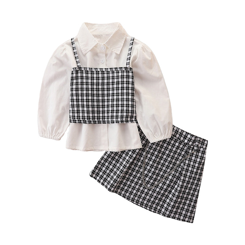 3 Pieces Set Baby Kid Girls Solid Color Blouses And Checked Tank Tops And Skirts Wholesale 220711264