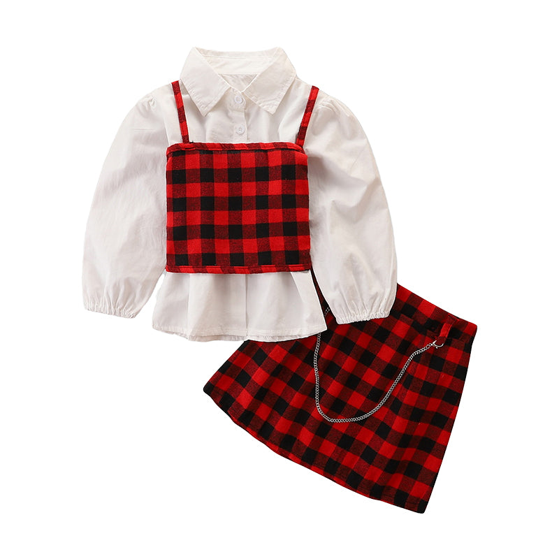 3 Pieces Set Baby Kid Girls Solid Color Blouses And Checked Tank Tops And Skirts Wholesale 220711264