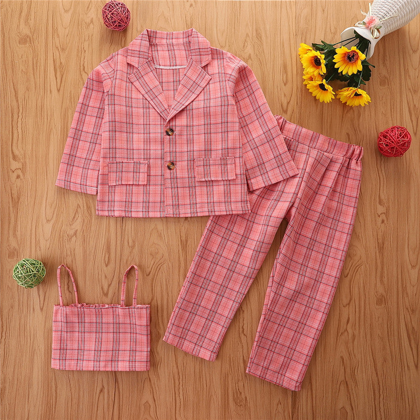 3 Pieces Set Baby Kid Girls Checked Blazers And Tank Tops And Pants Suits Wholesale 220711277