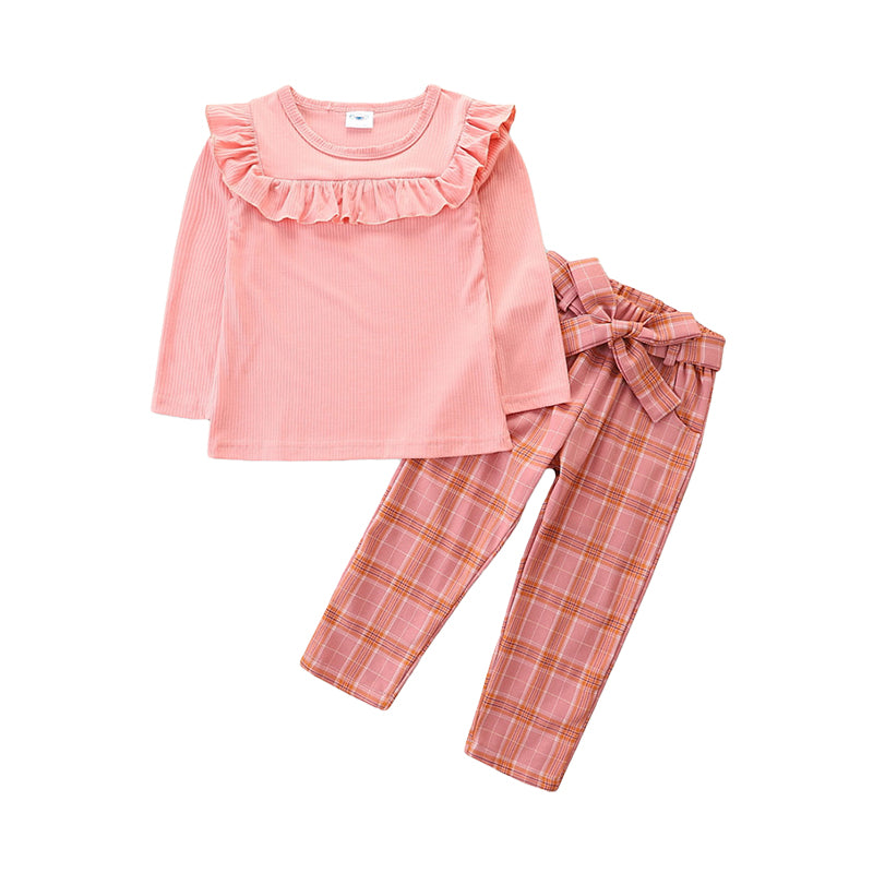 2 Pieces Set Baby Kid Girls Solid Color Tops And Checked Ribbon Pants Wholesale 220711282