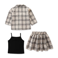 Load image into Gallery viewer, 3 Pieces Set Baby Kid Girls Solid Color Tank Tops And Checked Jackets Outwears And Skirts Wholesale 220711286
