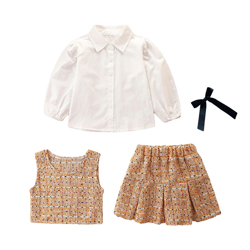 3 Pieces Set Baby Kid Girls Solid Color Blouses Checked Vests Waistcoats And Skirts Wholesale 220711292